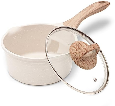 JEETEE Casseruola Antiaderente 16 cm, 1.5 L, Con Beccuccio e Coperchio in Vetro, Alluminio, Casseruola Latte, Pentola per Pasta, Vaso per Salse, Adatta all'induzione, Beige