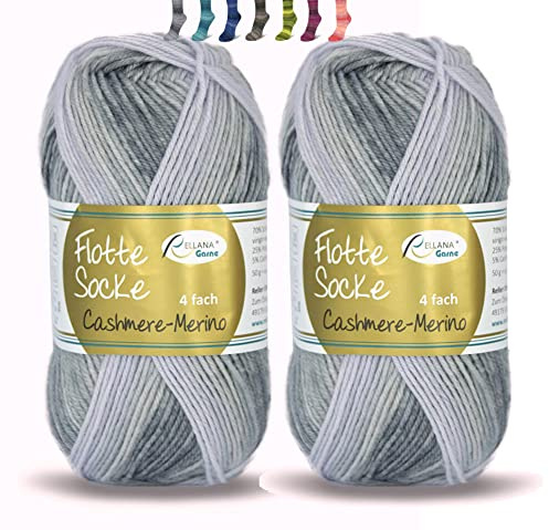 theofeel Set | Sockenwolle mit Kaschmir 4-fädig 2x50g | Sockengarn Rellana Flotte Socke Cashmere Merino | Strumpfwolle aus Merinowolle und Kaschmirwolle (1322 grau degradé (2x50g))