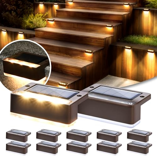 Solpex Sollampor för utomhusbruk, 12-pack trapplampor, vattentät solljus, LED-belysning för utomhustrappor, steg, staket, trädgård, gård, uteplats, ränna, stig, dekoration (varm vit, brun)