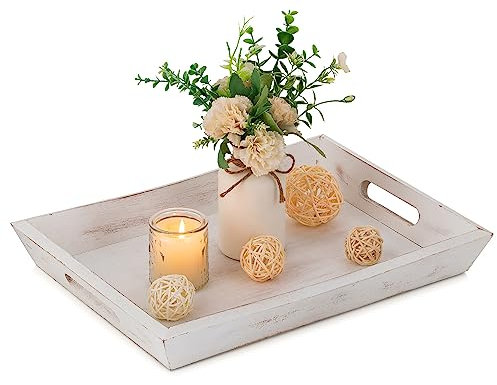 Hanobe Decorative Wooden Serving Tray: Rustic Wood Ottoman Trays for Coffee Table Rectangular Tray with Handles for Living Room Kitchen Home Decor, White, 15.75''/40cm
