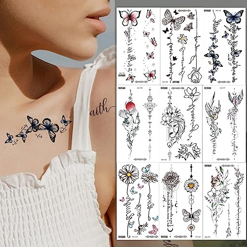 Qpout 30 Blatt Schwarz Realistische Temporäre Tattoos für Frauen Mädchen 95 + Große Größe Vintage Sonne Mond Rosen Schmetterling Feder Designs Körper Kunst Tattoo Aufkleber für Hals Arm Hände