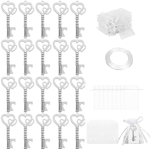 Ruspela Lot de 20 décapsuleurs vintage en forme de clé avec sac à cordon et étiquette vierge pour invités
