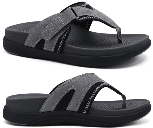 COFACE Mens Flip Flops with Arch Support Comfortable Leather Beach Sandals for Men Orthopedic Thick Cuhsion Adjustable Man Flip-flop Outdoor Size 10 grey