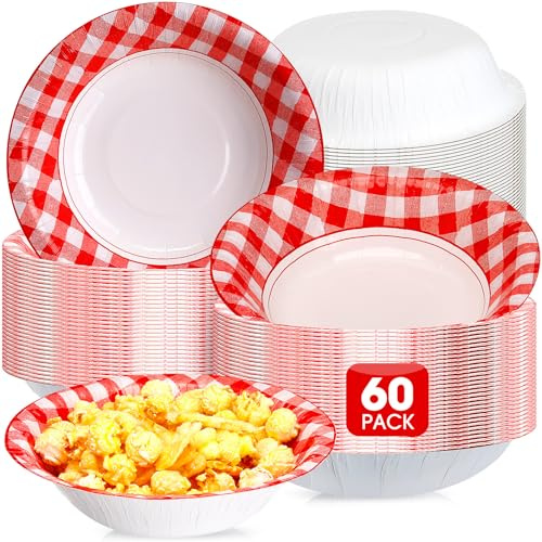Nuogo 60 Pcs Red and White Checkered Bowls Summer Gingham Paper Bowls 16oz Red Ice Cream Salad Disposable Cups for Picnic Barbecue Pizza Buffalo Plaid Birthday Party Supplies