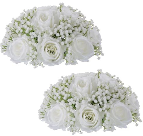 Nuptio Centrotavola Fiori Finti per Decorazioni: 2 Pezzi 22cm Diametro Bianchi Rose Finte Palle Matrimonio - Artificiali Gypsophila Mazzo Fiori Decorativi per Festa Tavola
