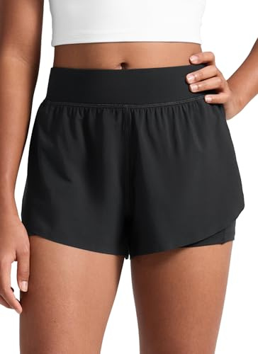 CRZ YOGA Girls 2 in 1 Dolphin High Waisted Running Shorts Casual Stretchy Cycling Bike Summer Short Pants with Zip Pockets Black M