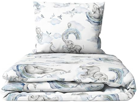 2-teiliges Baby-Bettwäsche-Set für Kinderbett und Kinderwagen, 80 x 70 cm, blaue Elefanten