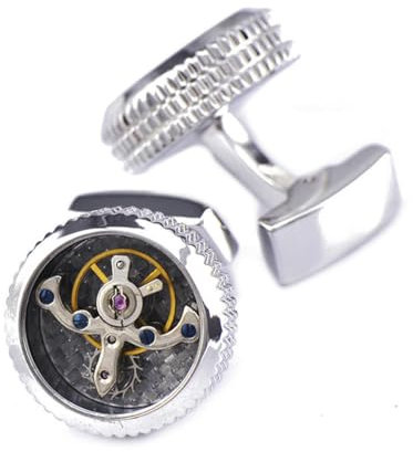 Manschettenknöpfe, zweireihig, gemustert, silberfarben, Tourbillon-Uhrwerk, einfarbige Ärmelnieten