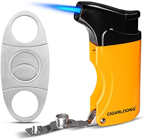 CIGARLOONG Cigar Lighter and Cutter Set – Stainless Steel Torch Lighter with Sharp Cigar Cutter and 2 Built-in Punch Openers, Gift Box Packaged (Yellow)