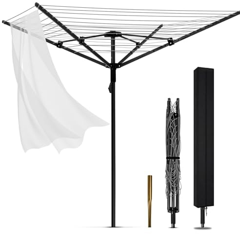 MEILANHUI Umbrella Clothesline Outdoor, Rotary Retractable Clothes Line Outdoors Adjustable Height Drying Rack Clothing 4 Arms 12 Lines with 165 Feet Heavy Duty Outdoor Clothesline for Backyard