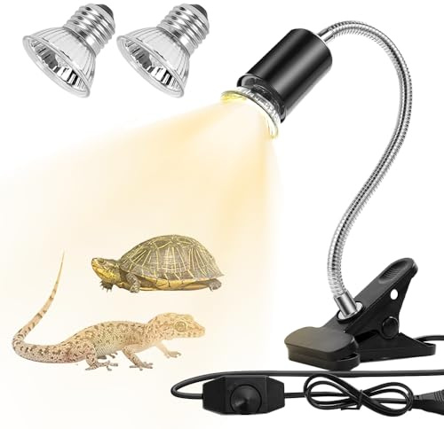 Udbrud Tortoise Heat Lamp, Reptile Heat Lamp Tortoise Heat Light Basking Lamp with 2 * 50 W Bulbs, UVA UVB E27 Reptile Basking Lamp with 360° Swivel Clamp Stand for Turtle Snake Frog (Black)