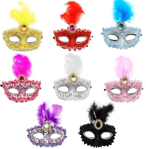 Asudaro Maschera viso mascherata 8 Pezzi, Piume, Plastica, Mezzo Viso, Piume, Copricapo Viso, Maschera per Donne, Spettacolo di Natale, Mascherata, Festa