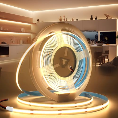 BRIMETI LED Streifen 24V 5M LED Strip COB Selbstklebend Warmweiss 3000K 8mm Breite 320LEDs/M, Flexibel IP20 Licht Band Leiste DIY, für TV, Beleuchtung Schlafzimmer (ohne Netzteil)