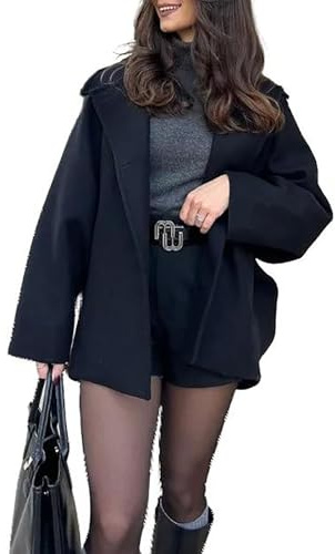 RICOCHO Manteau surdimensionné en laine pour femme - Col simple - Manteau court à pois - Laine tendance - Manteaux trench courts en vrac, 2, S