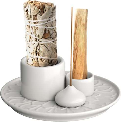 4 in 1 Räucherschale für jedes Räucherwerk, Räucherstäbchen, Palo Santo, Weißer Salbei, Räucherstäbchen und Kerzenhalter, Keramik Aschefänger Tablett für Meditationsraum Yoga Weiß