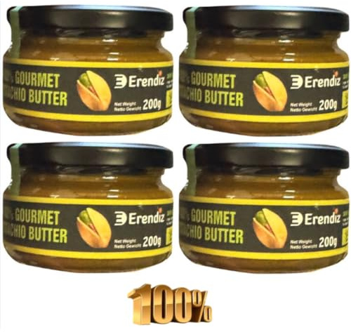 (Contiene 100% pistachos) - 4 unidades de crema de pistacho Pufai Erendiz con 100% pistachos, sin azúcar añadido, sin aditivos, sin aceite de palma, para dubai Chocolate kadayıf kadaifi, 200 gramos
