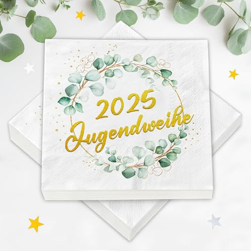 40 Stück Servietten Jugendweihe Deko Mädchen Junge, Eukalyptus 2025 Jugendweihe Servietten Tischdeko, für Jungen Mädchen Erwachsene Party Dekoration（33 x 33 cm）