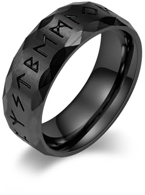 MERTTURM Anello Uomo, Anelli in Acciaio Inossidabile con Rune Vichinghe, Nero/Argento/Oro-Anello di Matrimonio con Rune Norrene, Gioielli per Uomo, Regalo per la Festa del Papà/San Valentino/Natale