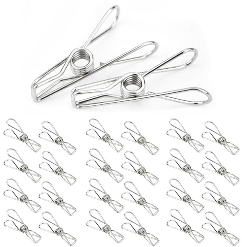 50 Pack Clothes Pegs, Stainless Steel Laundry Pegs Washing Line Hanging Clips, Strong-Grip Laundry Clips Pins for Washing Line, Clothes, Kitchen, Office, Snack Bags