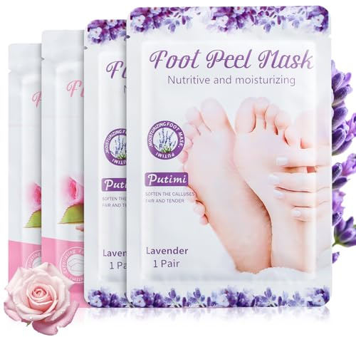 Samamoca Set di 4 maschere per piedi, calzini esfolianti contro calli e pelle secca, maschera idratante per piedi lisci, uomo e donna (2 lavanda + 2 rose)