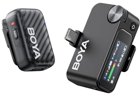BOYA BOYAMIC - 2 micrófonos inalámbricos para iPhone 15-16/Android/cámara/PC, cancelación de Ruido IA, 48 KHz 24 bits, grabación Interna Flotante de 32 bits, Rango de 980 pies, Pantalla táctil AMOLED