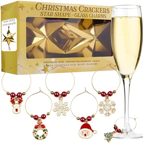 KreativeKraft Luxury Christmas Crackers, 6 Pack Deluxe Xmas Crackers, Wine Glass Charms & Festive Glass Markers, Fun Novelty Xmas & Party Table Decor (Gold Star)