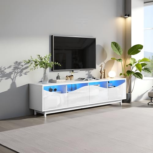 LINKHOO TV Meuble, Armoire TV au Design incurvé, Blanc, Brillant, Porte d'armoire en Verre trempé, éclairage LED, Convient comme Meuble de Divertissement, Chambre à Coucher, Salon, 175 x 38 x 51 cm
