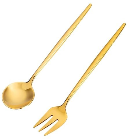Salad Servers Set Stainless Steel Fruit Fork Dessert Spoon Fork Delicate Coffee Spoon Fork Set(Gold)