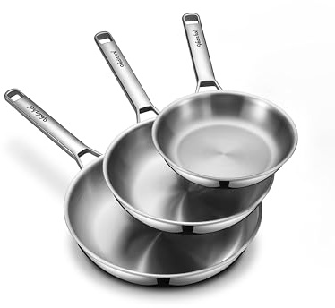 VEDNHOL Stainless Steel Frying Pan Set,8&10&12 Tri-Ply Stainless Steel Pans,Skillet,Frying Pan Stainless Steel,PFOA&PTFE Free,Dishwasher&Oven Safe,Induction Compatible Steel Pans for Cooking