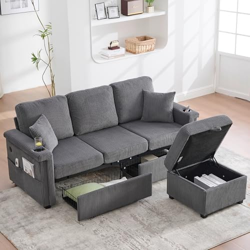Ligterra Sofa 3 Sitzer, Sofa L Form mit Schlaffunktion, LED-Beleuchtung & USB-C-Port, Inklusive Stauraum-Fußteil Seitentaschen für Wohnzimmer, Schlafzimmer, 194 * 73 * 81cm (Dunkelgrau)
