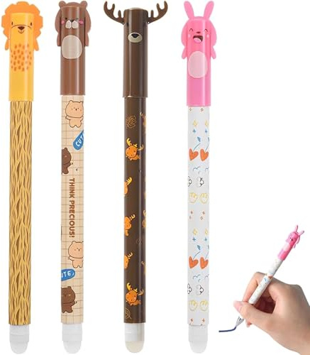 Canollo 4 Stück Radierbarer Kugelschreiber, Cartoon Kleintiere Muster Radierbare Stifte, Radiergummi mit löschbarer Tinte, 0,5 mm Mine, Radiergummi Stift, Aesthetic Tintenroller radierbar(Blau)