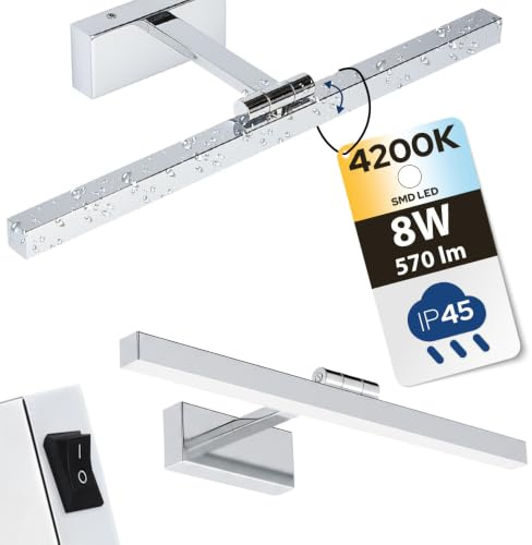 LED Spiegelleuchte für Bad – Wasserdicht Badezimmer Lampe Chrom | über dem Spiegel/Bild 40cm mit Schalter und Drehbarem Kopf – 8W 570lm 4200K Neutralweiß – Wandleuchte IP45 – Horoz
