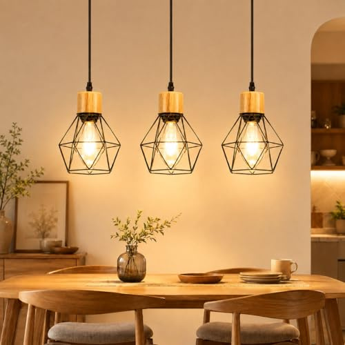 ZMH Pendelleuchte Esstisch Hängelampe Vintage - Retro Hängend Holz | Esszimmerlampe 3 Flammig E27 Metall Industrial Hängeleuchte Schwarz Küchenlampe für Esszimmer Wohnzimmer(ohne Leuchtmittel)