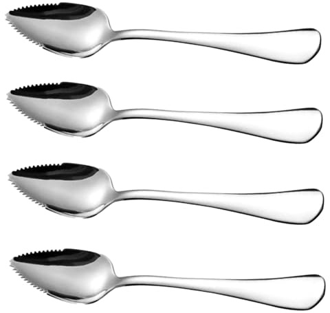 Cucharas de pomelo con borde dentado, cucharas de pomelo con borde dentado, 4 piezas de postre de acero inoxidable de grado alimenticio con mango antiadherente para helado de manzana, kiwi, papaya, n