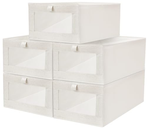 GALOZZOIT Lot de 5 organiseurs de penderie en coton et lin - Boîte de rangement portable pliable pour vêtements, linge de lit, jouets, vêtements de saison, beige