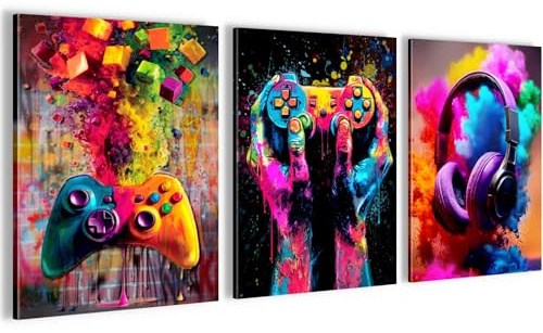 Novart Wandbilder Set Gamer - KOMPLETT AUFHÄNGFERTIG - Kinderzimmer Deko - 3 Moderne Bilder Spielkonsole - N041235a