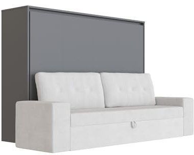 SMARTBett Schrankbett M2 140x200 Horizontal mit Sofa Sandgrau – klappbares Wandbett, platzsparend, inkl. Lattenrost, Polsterrahmen, für Wohnzimmer & Gästezimmer Anthrazit
