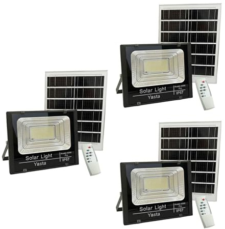 YASTA 3 Pezzi Faro LED Esterno Solare 400W PRO Luce Fredda con Telecomando | Alta luminosità 6500K, IP67 Impermeabile, Lampione con pannello separato, Sensore crepuscolare, Cavo lungo da 4 metri