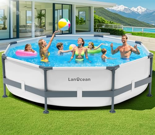 LanOcean Frame Pool 300x300x76cm Große, Stahlrahmen Pool Garten mit Pannensicheres Material, Family Pools Aufstellpools & Schwimmbecken Garten Schnelles Ablassen, Swimmingpool Rund für Ganze Familie