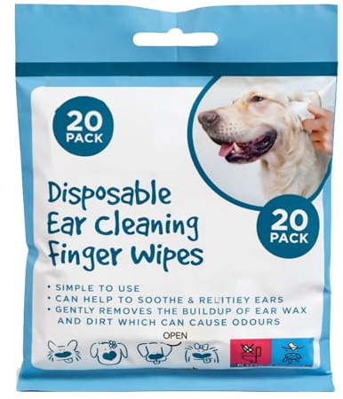 Pet Guru engångsrengöring av hundöron, skonsam lindring för klåda öron, tar bort vaxuppbyggnad och lukt för hundar och valpar, 20-pack (20)