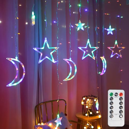 Melofo Star Curtain Fairy Lights, 3.5M Star & Moon LED String Lights | Battery Operated, 8 Modes, Remote Control, IP44 Waterproof, Star Light for Bedroom Ramadan Home Wedding Party Terrace Lawn