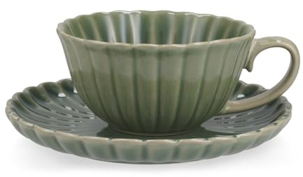 H&H Set 6 Tazze da Colazione con Piattino 400 cc in Stoneware Verde – Tazze Grandi per Latte e Cappuccino, Design a Rilievo Effetto Petalo, Lavastoviglie e Microonde