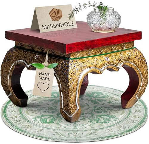 livasia Opiumtisch aus Massivholz – 36x36x27cm – Handgeschnitzter Beistelltisch Holz aus Thailand, Nachhaltig, Detailreich verziert mit Akzenten aus Glasmosaik