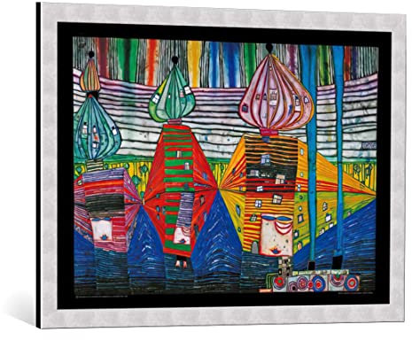 kunst für alle Bild mit Bilder-Rahmen: Friedensreich Hundertwasser Emersion der dritten Haut - dekorativer Kunstdruck, hochwertig gerahmt, 84x59 cm, Silber gebürstet