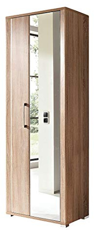 GO Garderobenschrank in Sonoma Eiche Optik - Moderner Flurgarderoben Schrank mit Spiegeltür - 74 x 200 x 40 cm (B/H/T) | 74 x 200 x 40 cm (B/H/T), Flur Hochschrank, 1 Holztür, 5 Böden, ausziehbare Kleiderstange, Metallgriffe Chrom