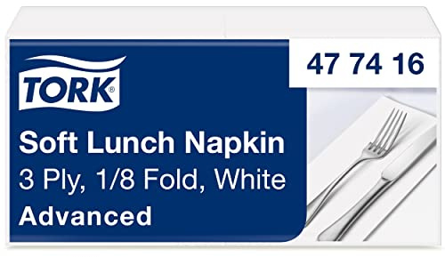 Tork Soft Lunchservietten, 10 x 150 (1500) Papierservietten, 477416 | 1/8 Falz, Weiß / 3-lagige, vorgefaltete Servietten für kleine Gerichte Snacks / Advanced Qualität / 23.8 x 23.8 cm