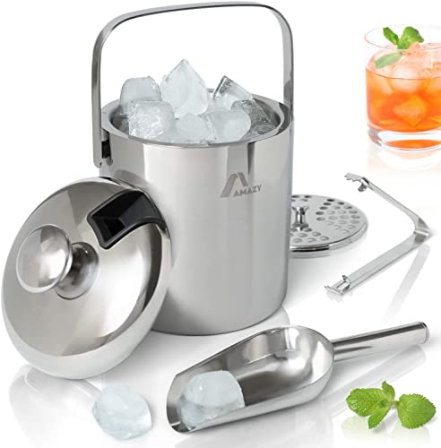 AMAZY Seau à Glace en Acier Inoxydable pour des glaçons | Couvercle, Pince, Pelle à Glace, poignée de Transport et Tamis Inclus - Seau à Glace à Double Isolation (1,3L)