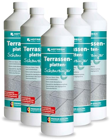 HOTREGA Terrassenplatten-Schonreiniger 5x 1L | Steinreiniger Konzentrat | Pflege für beschichtete & imprägnierte Steinoberflächen | Säurefrei | 5 Liter ergeben bis zu 200 Liter Reinigungslösung