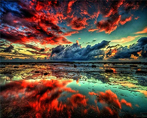YEESAM ART DIY Ölgemälde Malen nach Zahlen Erwachsene Kinder, See Himmel Rote Wolken Zahlenmalerei ab 5 Öl Wandkunst (Rote, ohne Rahmen)