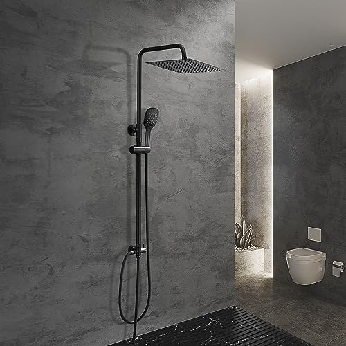 JOHO Regendusche Duschsystem ohne Armatur,Wassersparend, Edelstahl Duschset mit Kopfbrause 20x20cm schwarz | Regenduschset mit Höhenverstellbare Duschstange 74–114 cm, 3 Strahlarten Handbrause